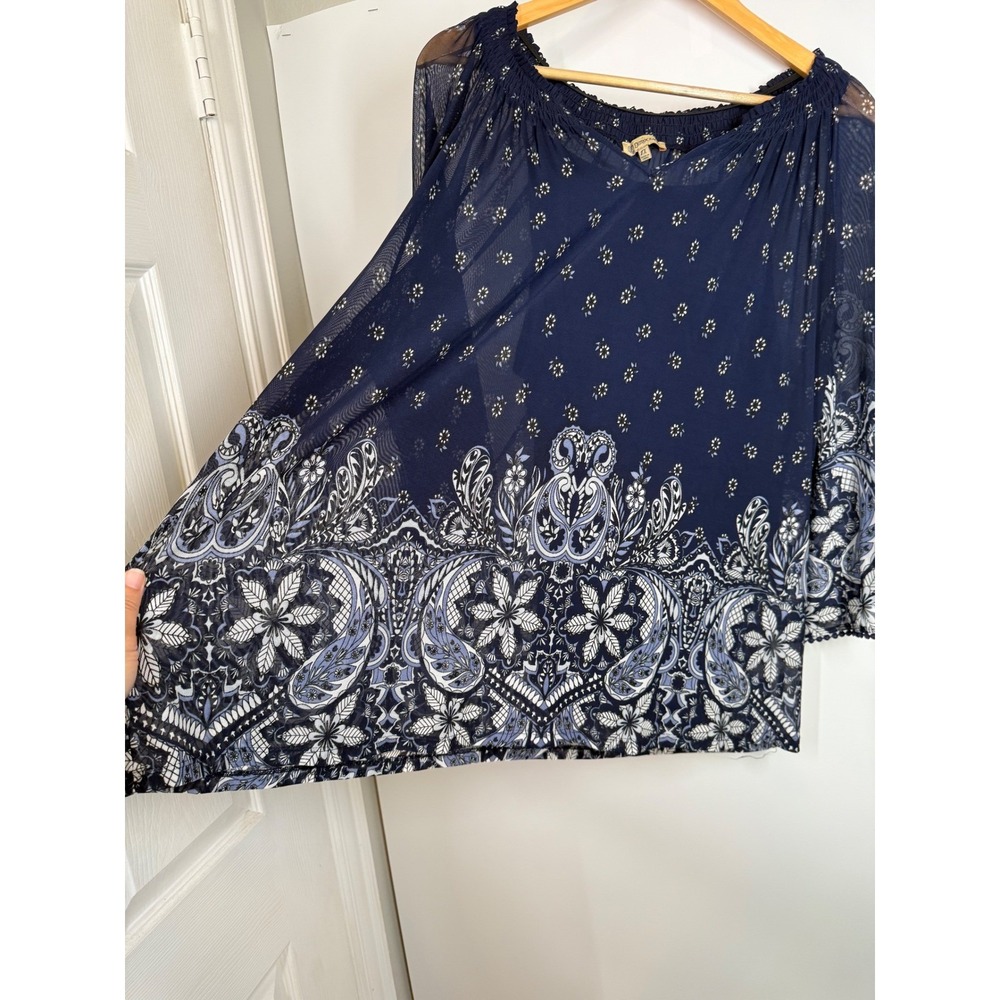 Democracy Womens Size 1X Navy Blue Floral Paisley Peasant Bell Sleeve Blouse Top - Picture 4 of 10